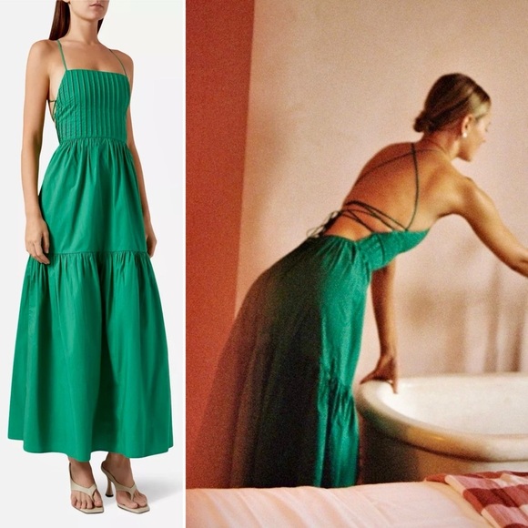 Posse Alexis Dress Topaz Green Strappy Back Maxi Sundress Tiered Cotton XS 0 2 - Picture 8 of 11